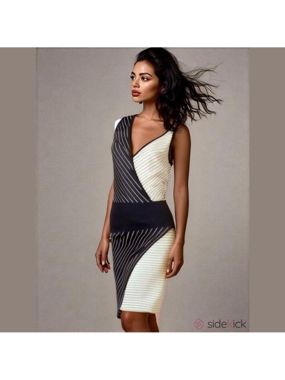 Asymmetrical design dress by "Charlie", midnight blue and white stripes .Medium.